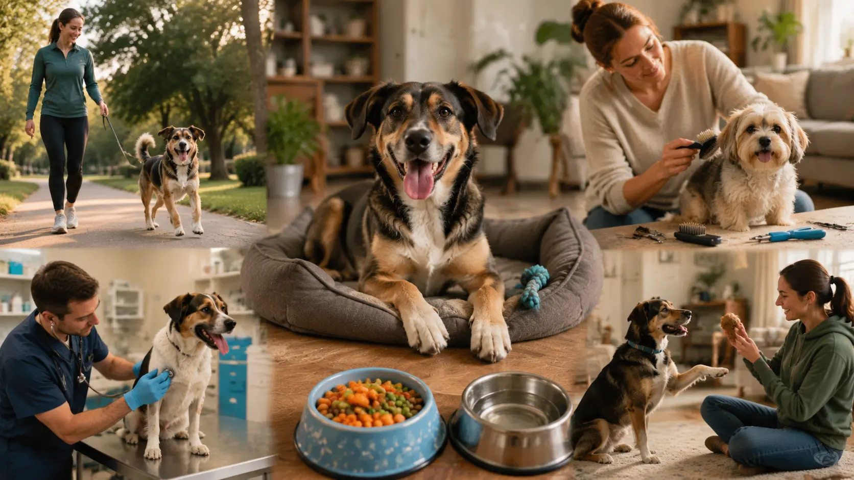 mixed breed dog receiving care through feeding grooming exercise training and health check routines