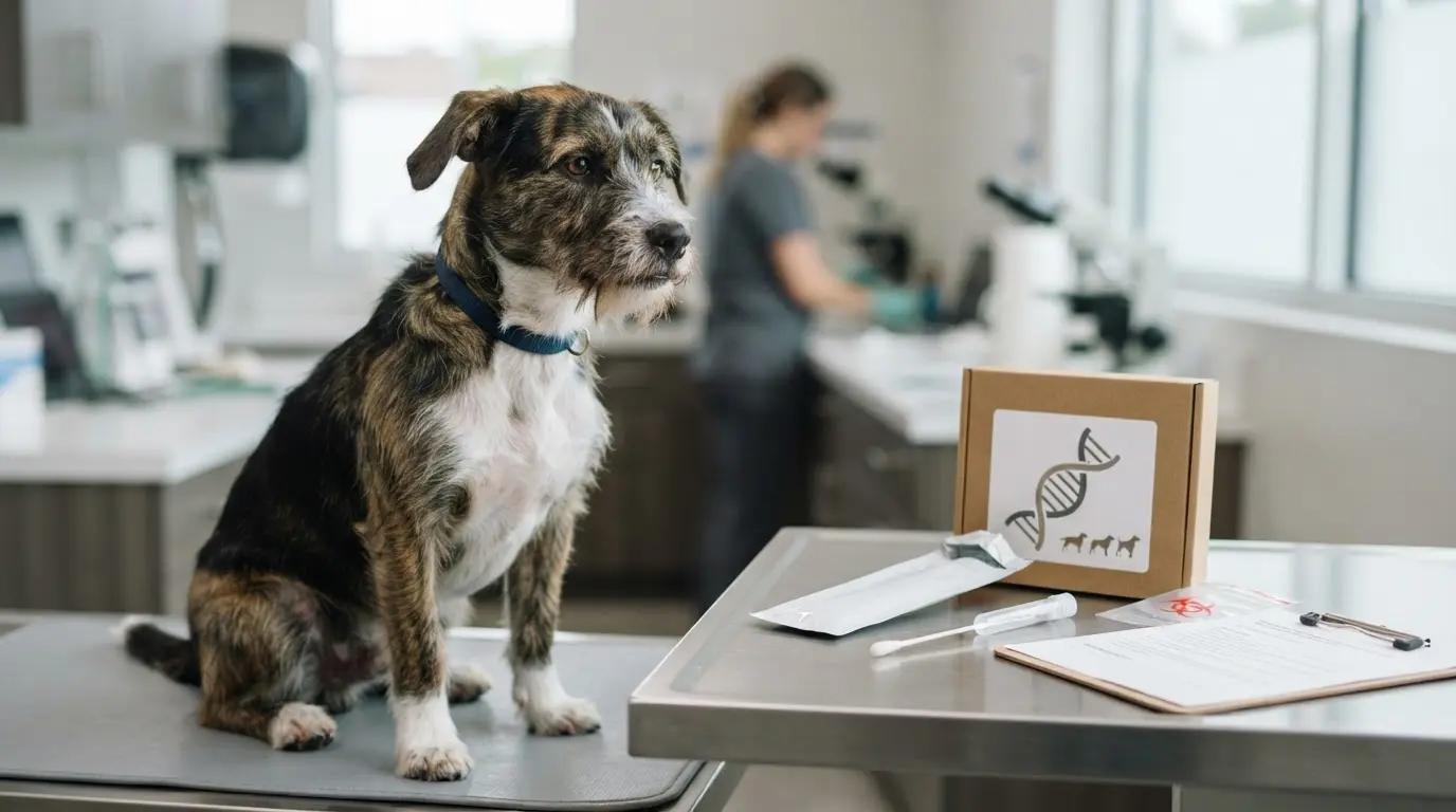 mixed breed dog sitting beside dna testing kit in veterinary clinic for breed ancestry identification