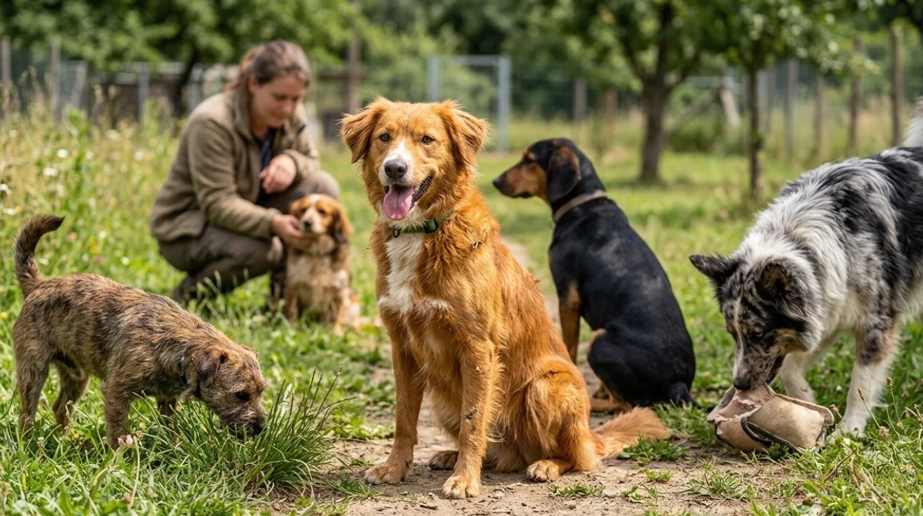 mixed breed dogs with different appearances interacting naturally in a park with a pet owner