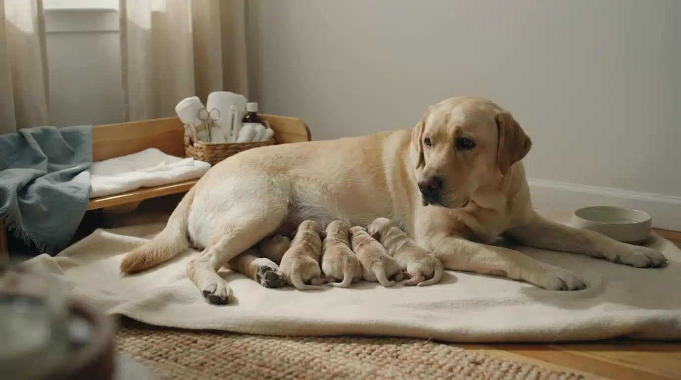 mother dog with newborn puppies in a clean whelping area with soft blankets and warm lighting