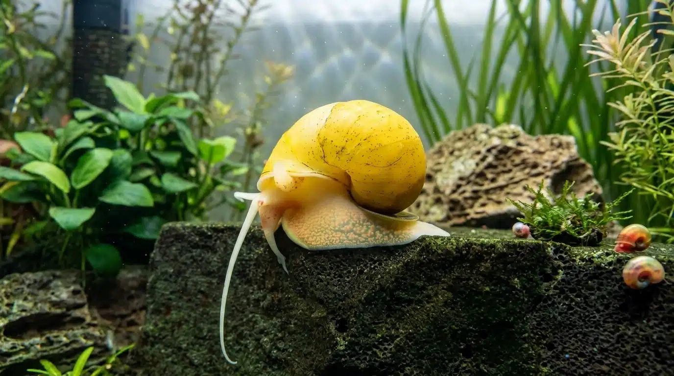 mystery snail attached to aquarium glass with goldfish swimming nearby