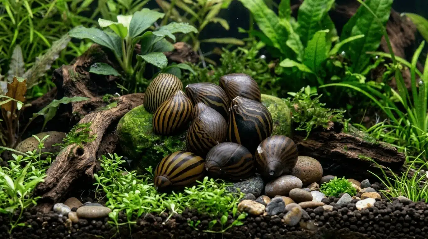 nerite snails grazing on rocks in aquarium with goldfish in background