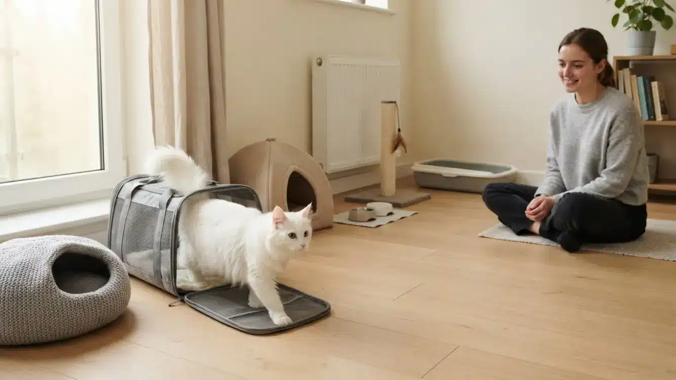 new turkish angora settling into a quiet room with a carrier bed litter box and scratching post