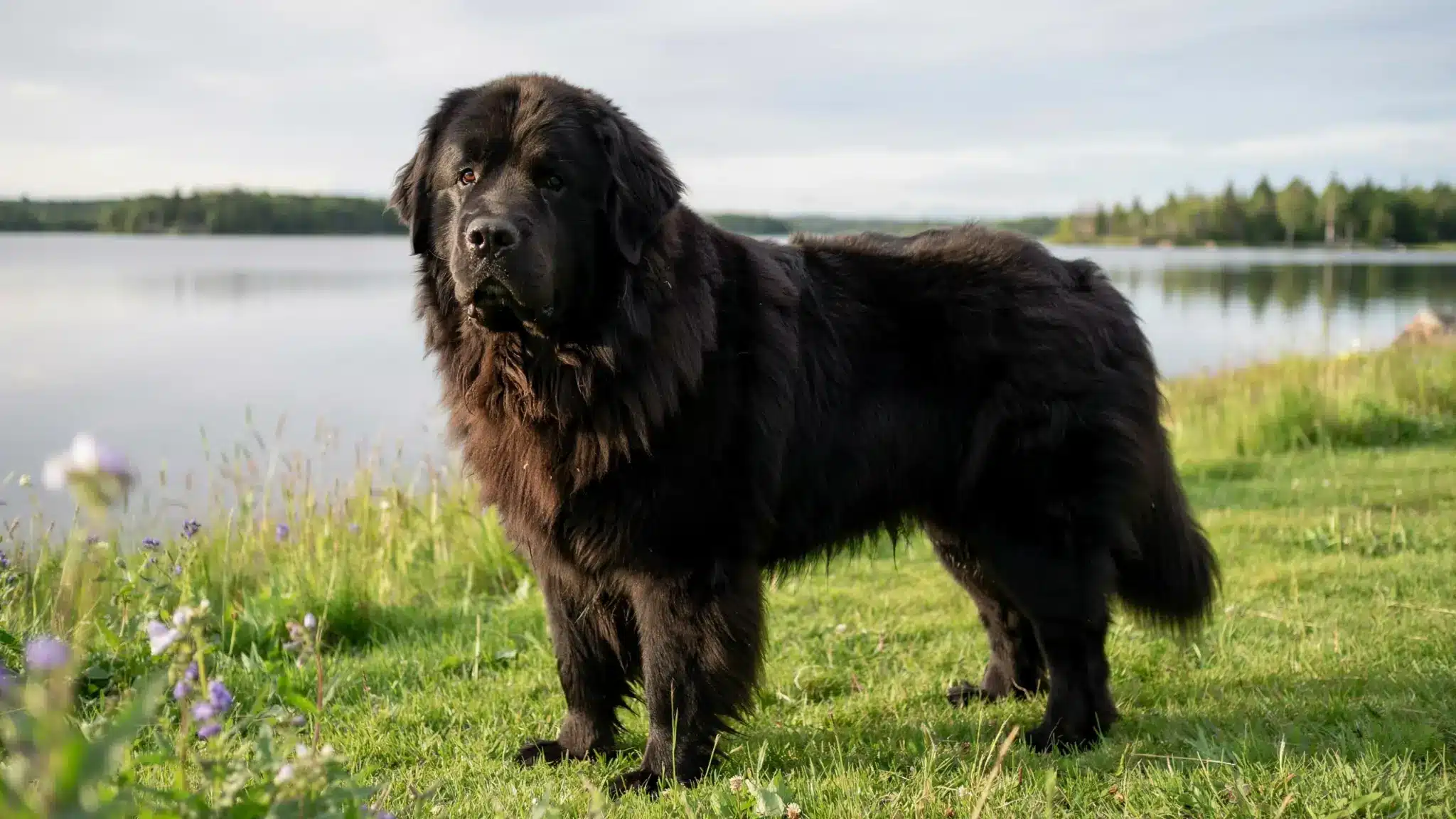 newfoundland dog with thick black coat standing outdoors near water with a calm gentle expression