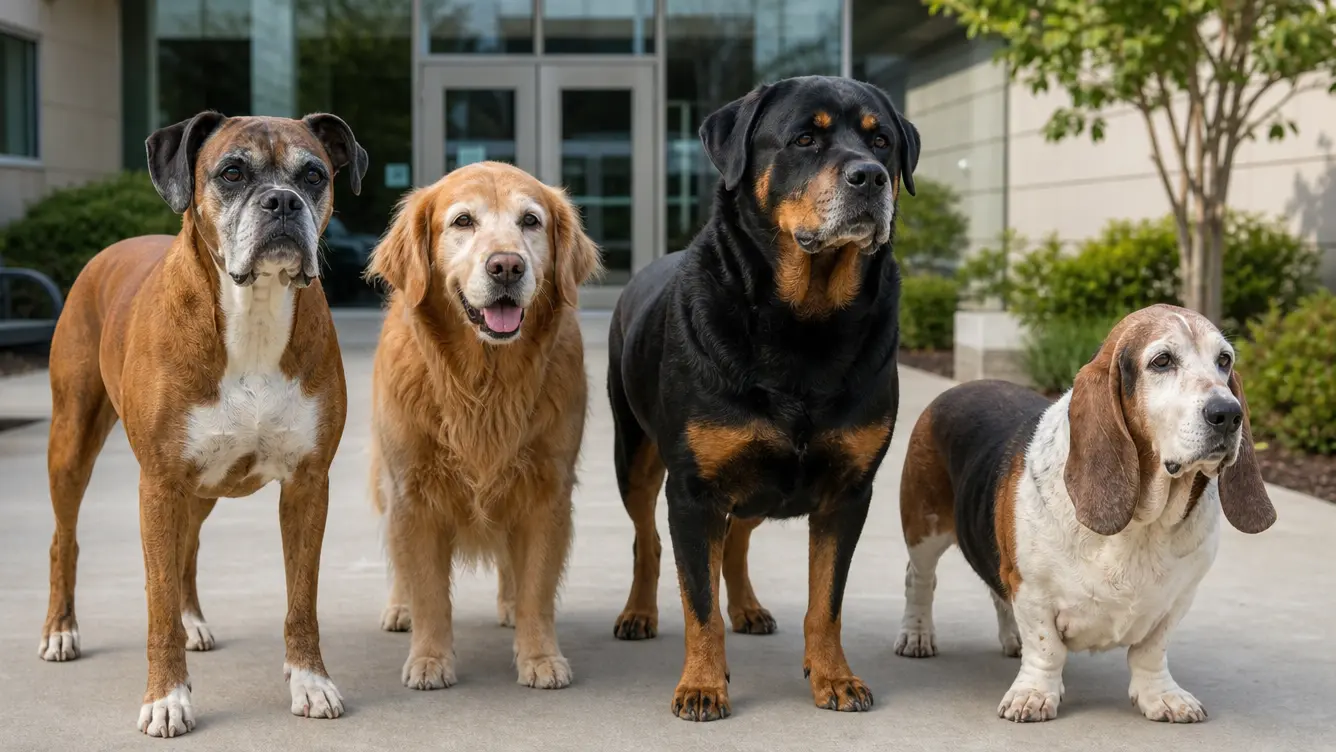 older boxer golden retriever rottweiler and basset hound representing lymphoma risk factors