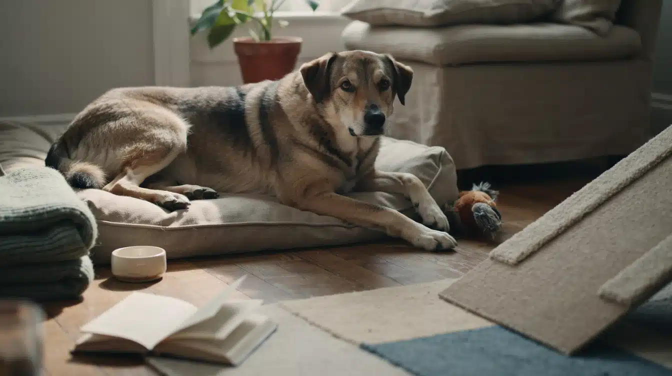 older dog resting on supportive bedding in a home with non slip flooring