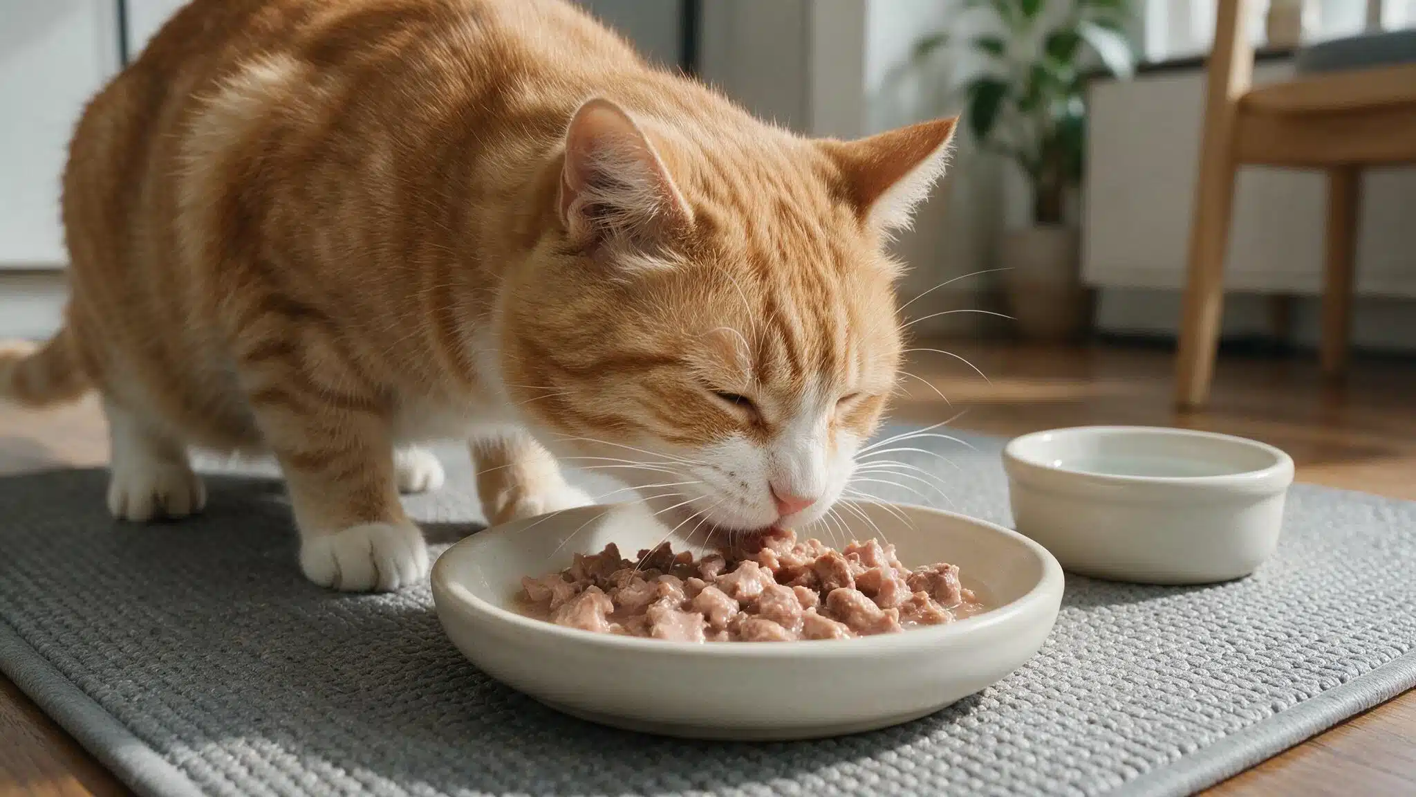 older orange tabby eating from a shallow ceramic dish with an accessible water bowl nearby