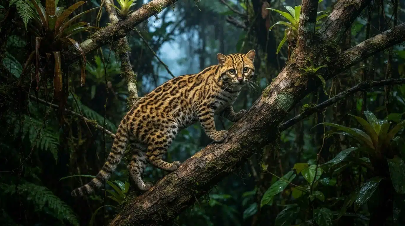 oncilla wild cat climbing tree branch in south american forest habitat