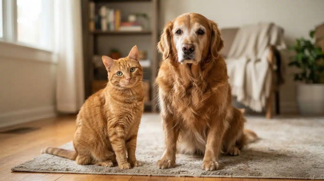 orange cat and golden retriever sitting together showing differences between pet ages