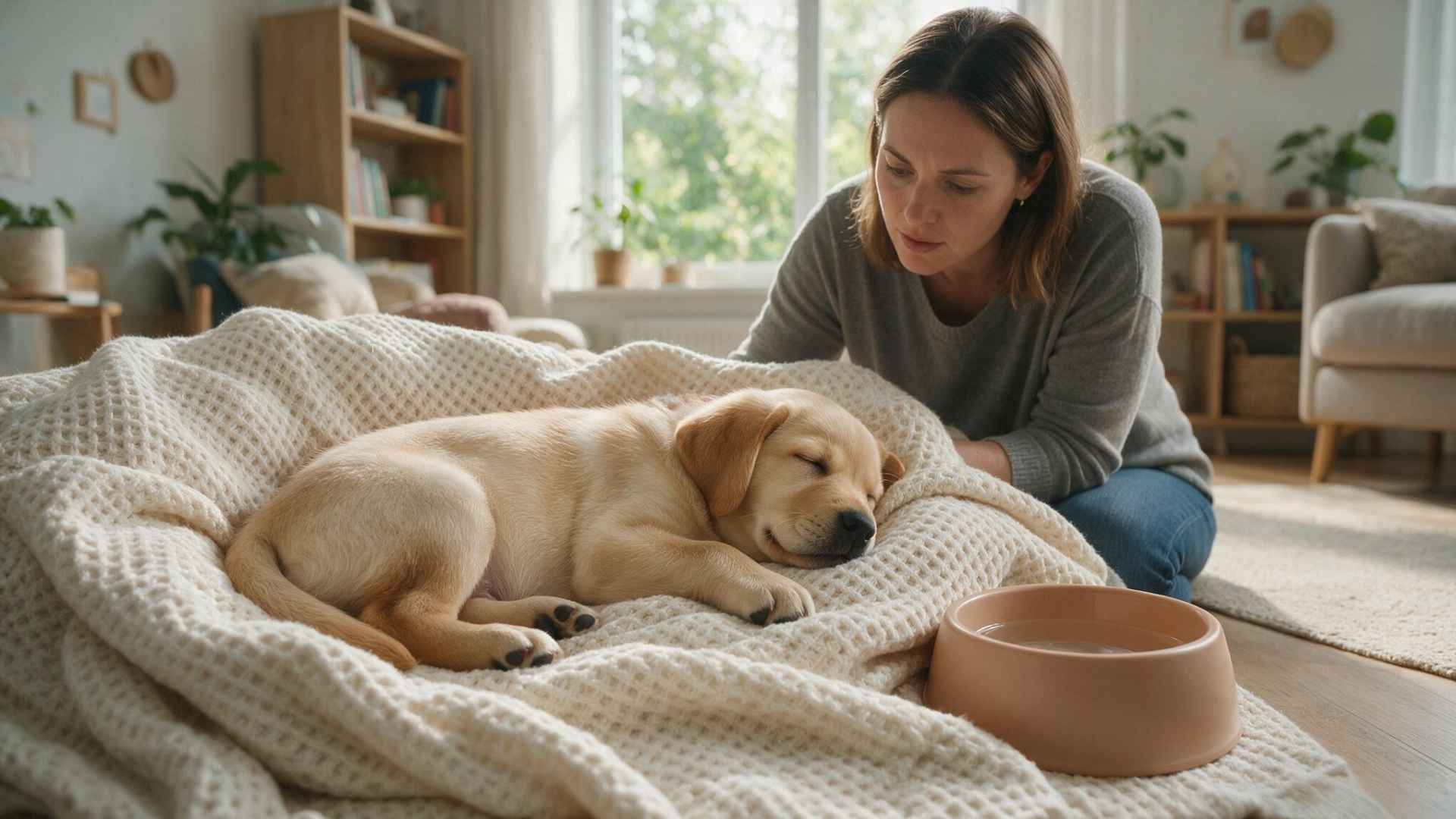 owner calmly observing sleeping puppy breathing in a comfortable home setting for health check