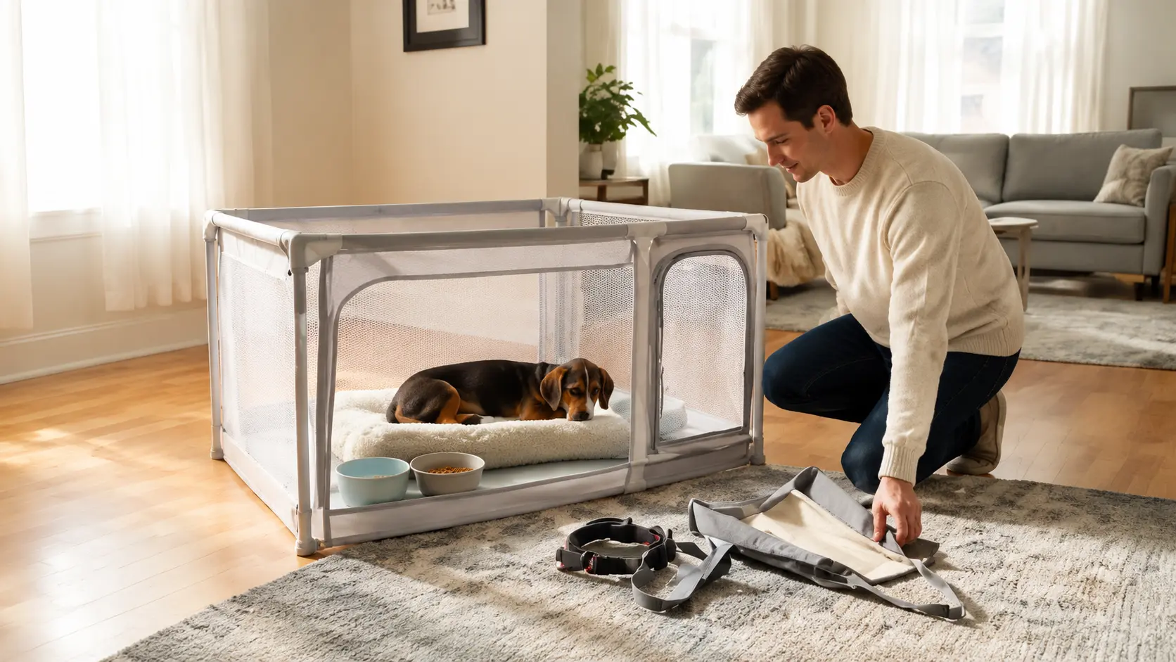 owner caring for dog during ivdd recovery with safe home environment