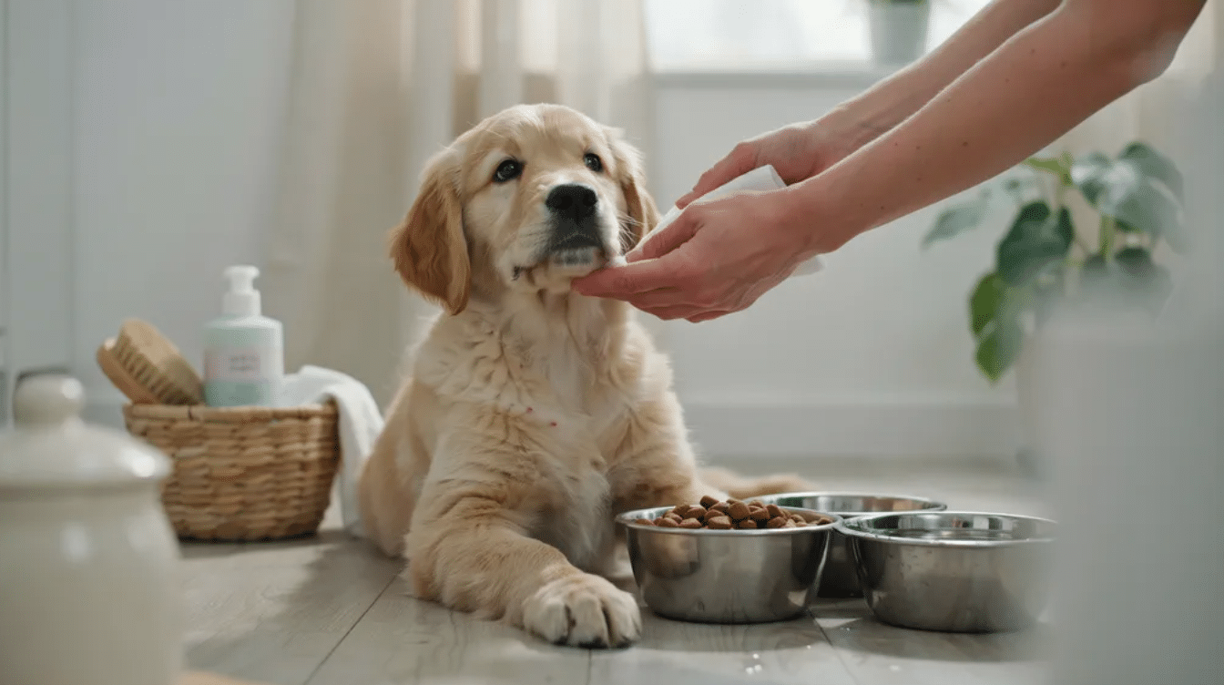owner cleaning puppy chin with stainless steel bowl for acne care