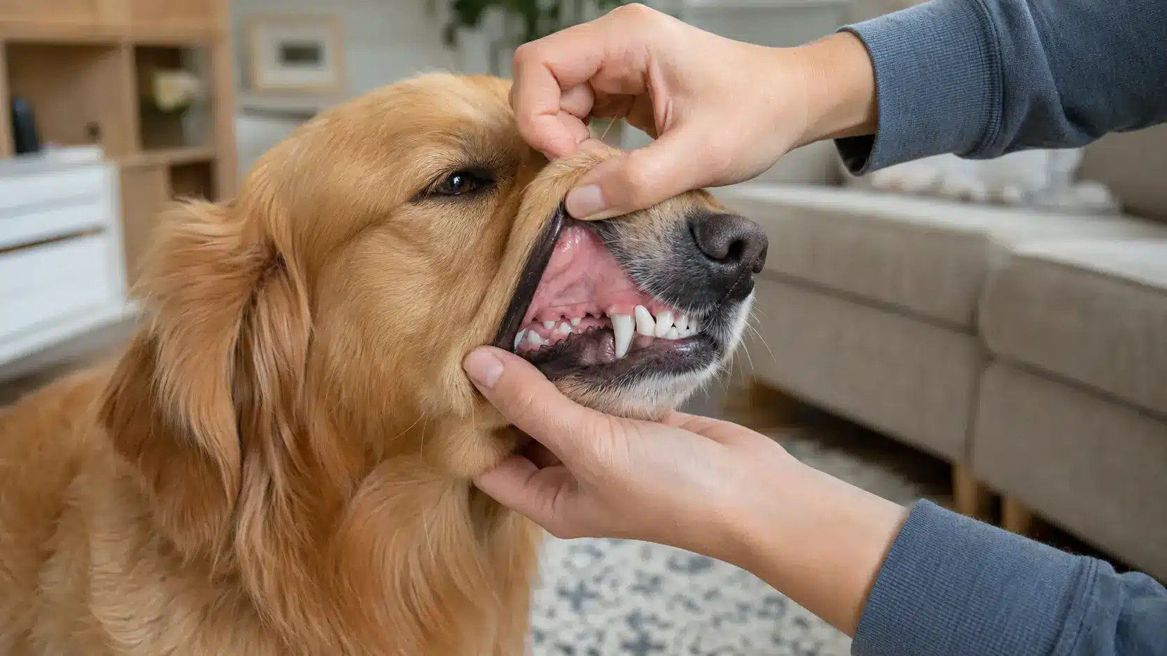 owner gently lifting a golden retrievers lip to check its pink gums during a calm home health inspection