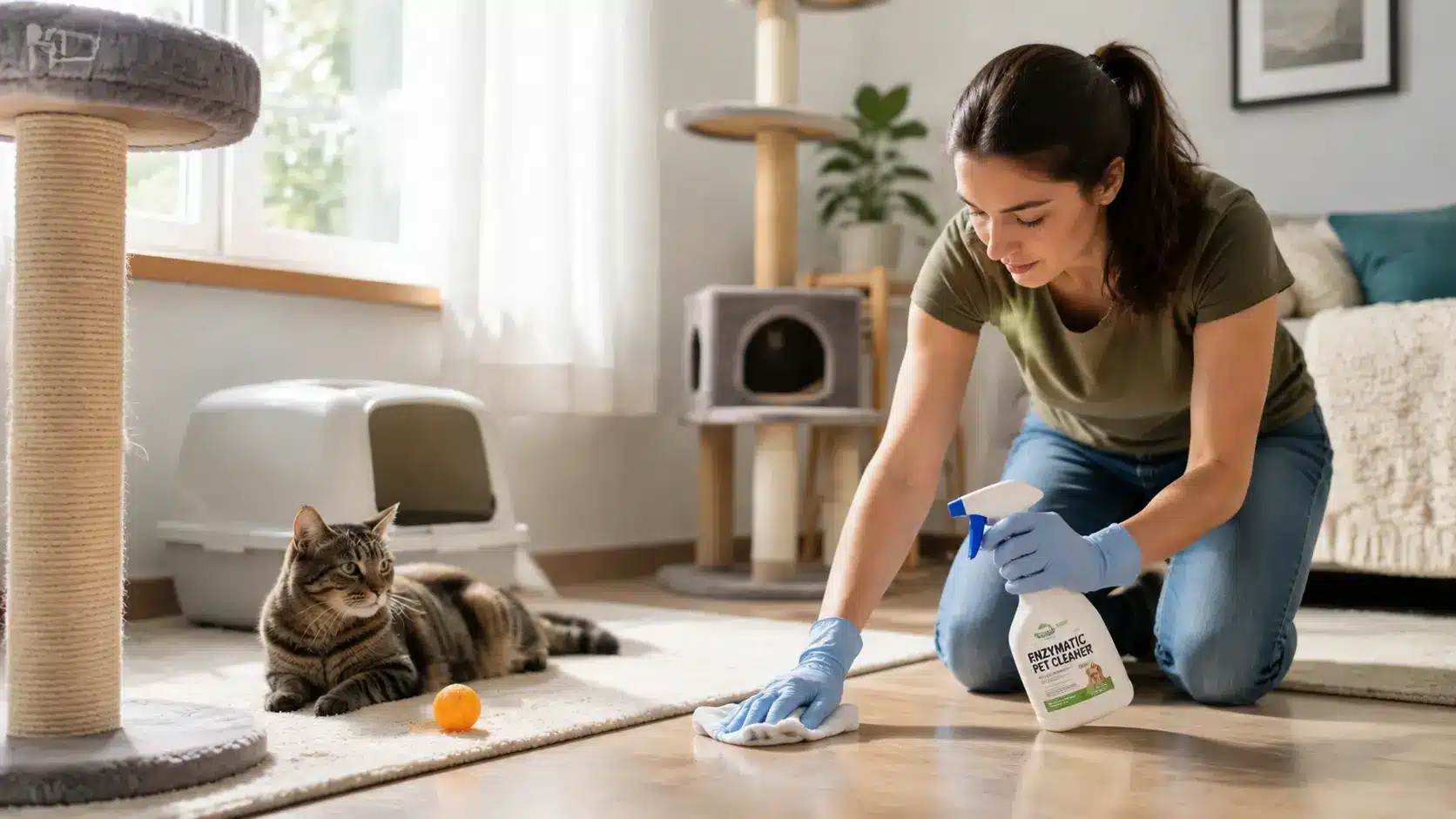 owner helping reduce neutered cat spraying with clean home environment