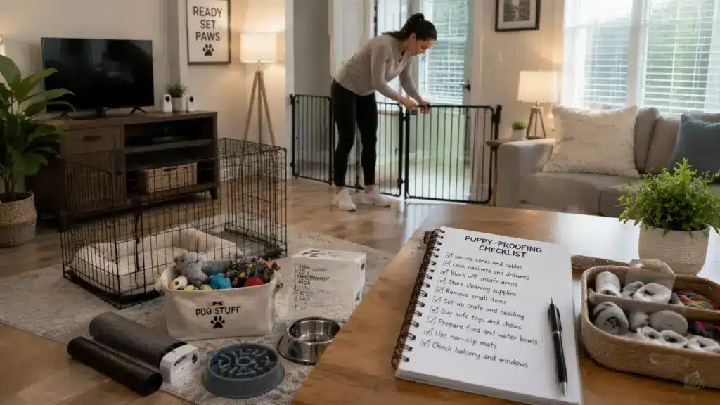 owner preparing apartment for new puppy safety setup