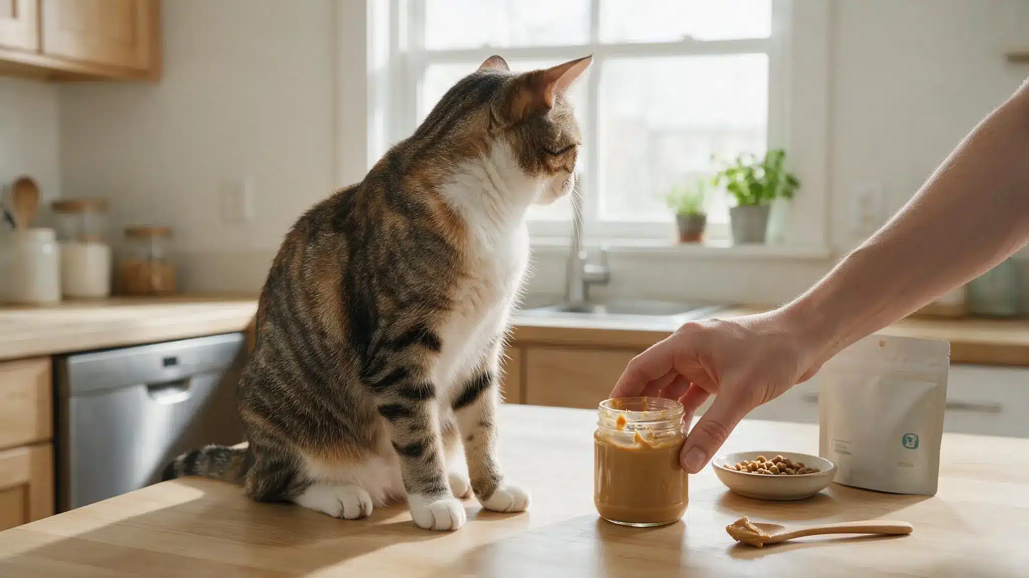 owner removes peanut butter from a cat while feline treats and regular cat food sit nearby on a kitchen counter