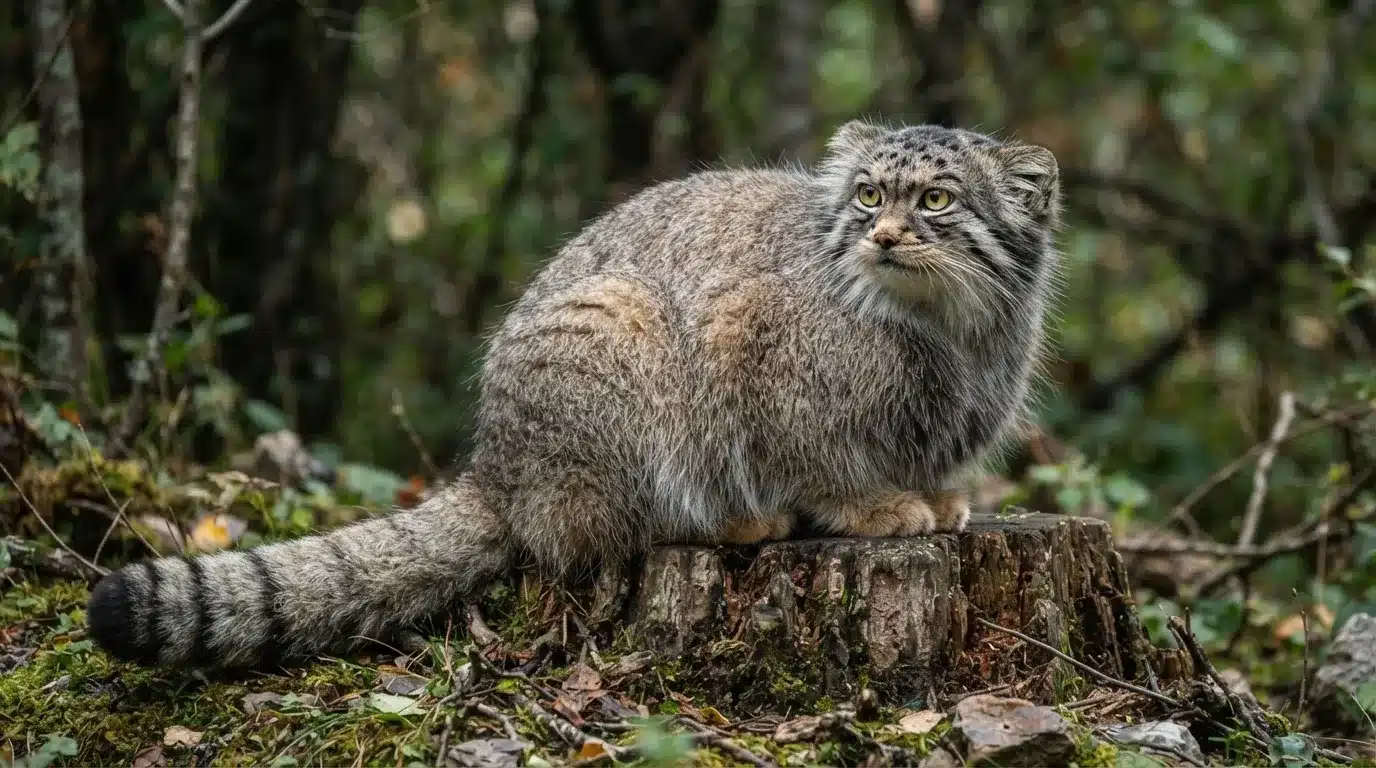 pallas cat sitting among rocky central asian mountain landscape