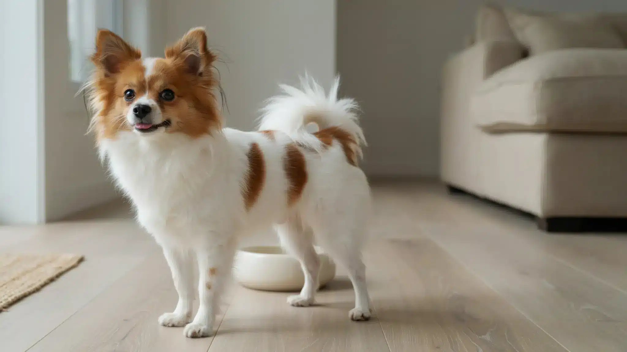 papillon dog standing indoors showing its small frame fluffy coat and alert butterfly shaped ears