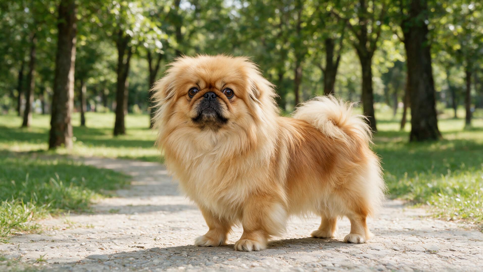 Pekingese dog with long coat and flat face outdoors