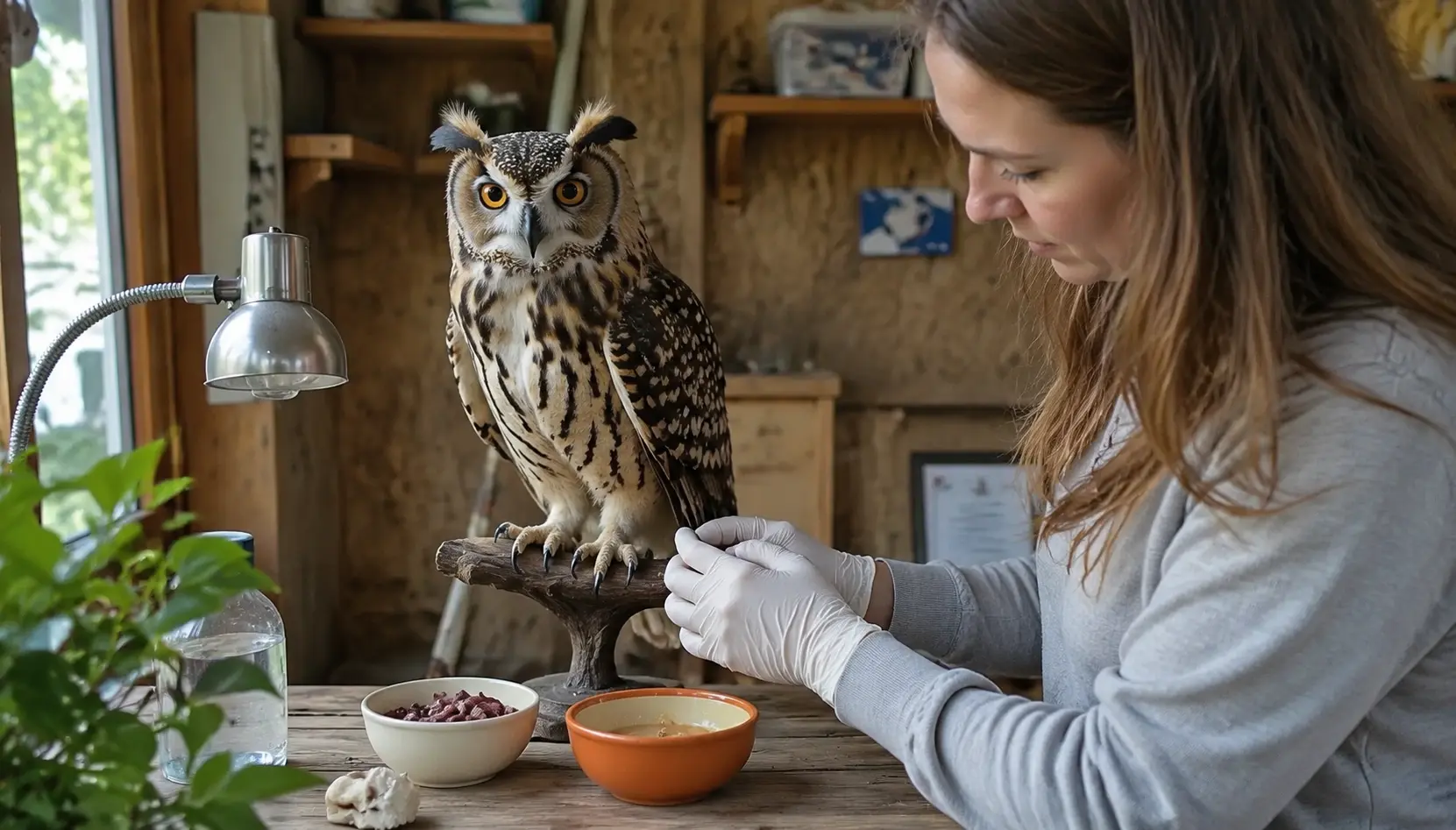 person caring for owl with food bowls and supplies in indoor care setup