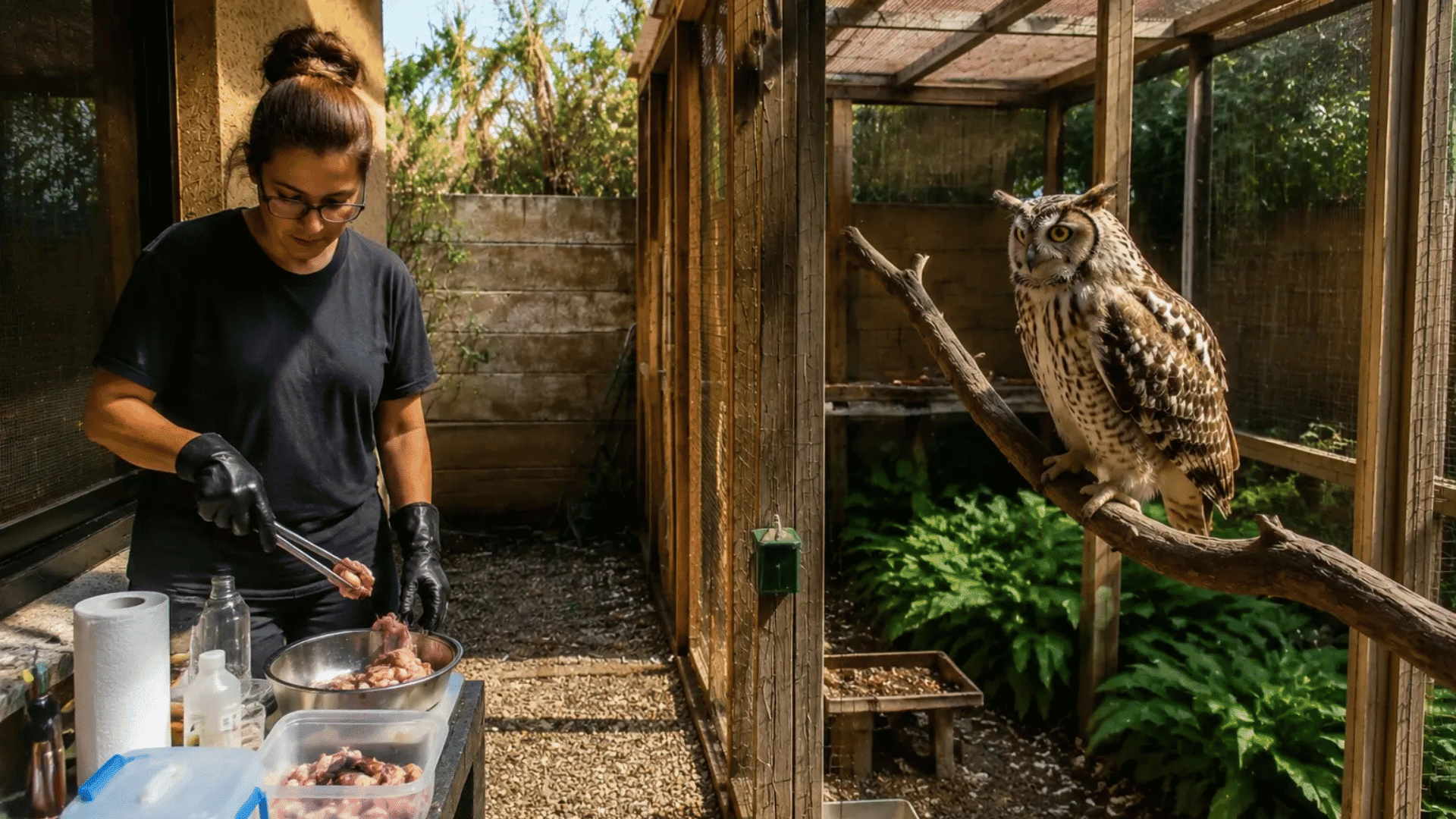 person preparing food while caring for owl in outdoor aviary enclosure with natural perch