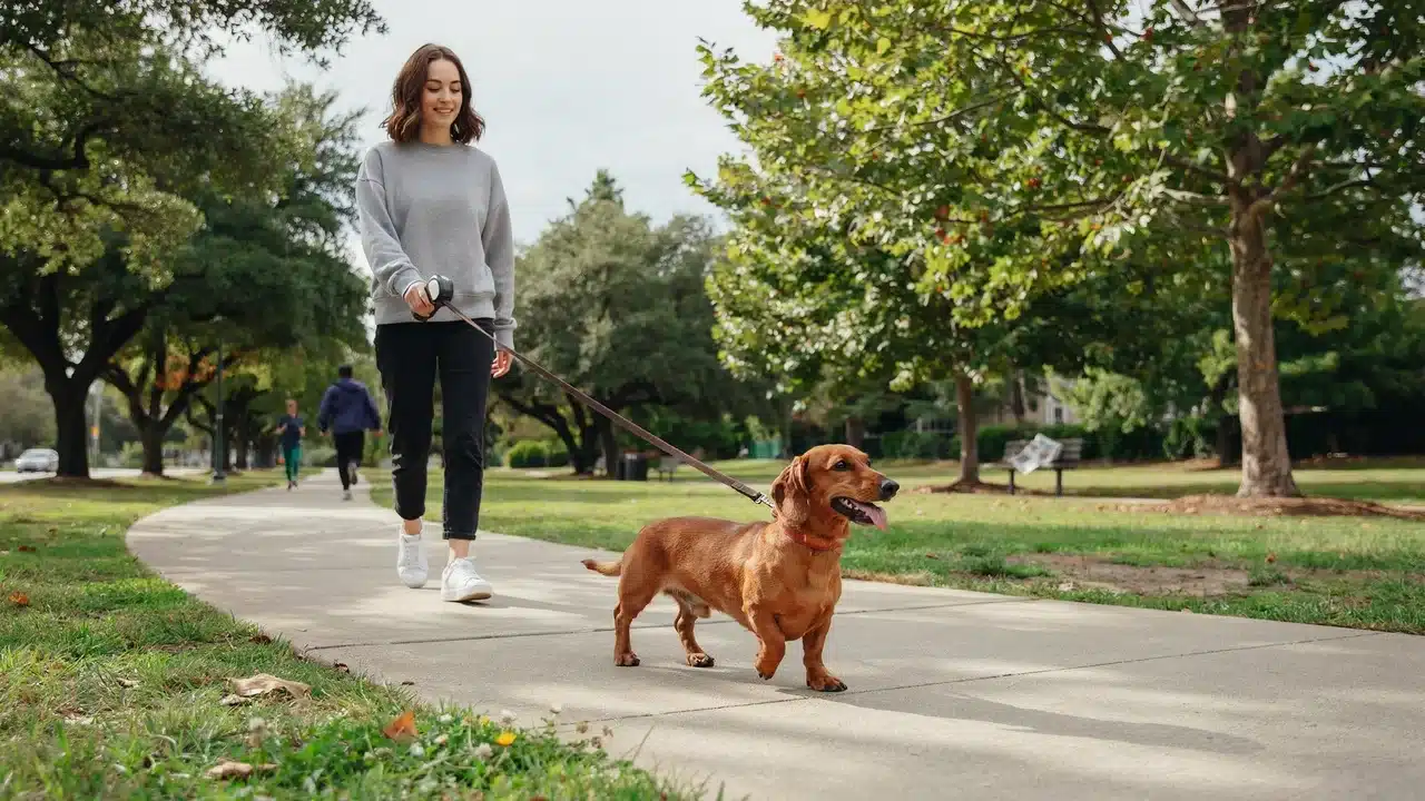 person walking a dachshund on leash through a park during a peaceful outdoor stroll with trees and greenery