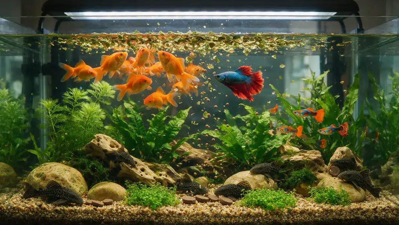 pet aquarium fish including goldfish betta guppies and plecos eating different prepared foods
