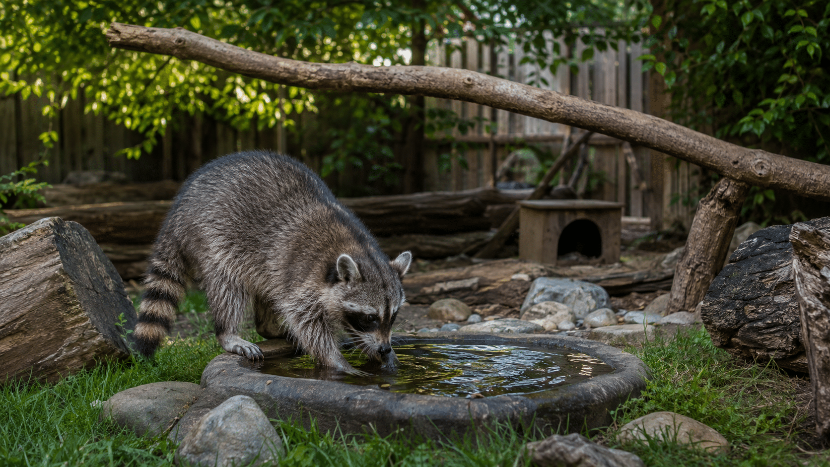 pet raccoon dipping its paws into a shallow water basin inside a secure outdoor habitat with logs and grass