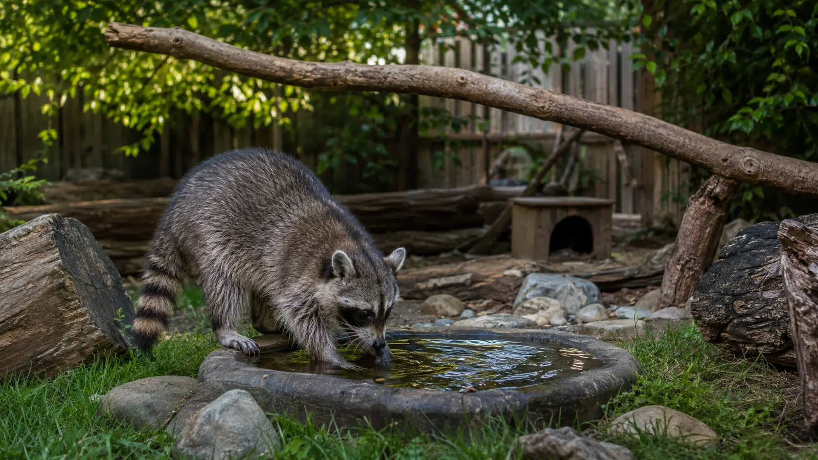 pet raccoon dipping its paws into a shallow water basin inside a secure outdoor habitat with logs and grass