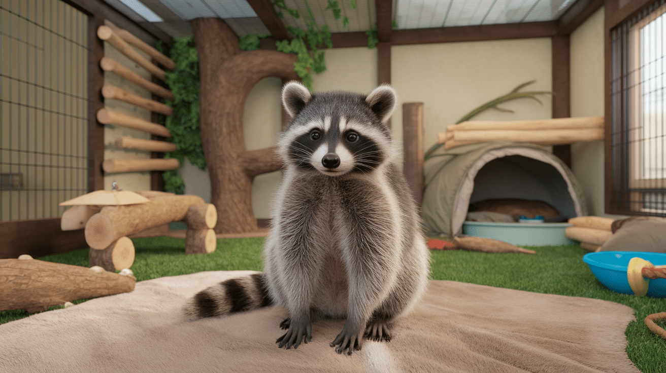 pet raccoon sitting inside a secure home enclosure with climbing branches platforms and enrichment toys