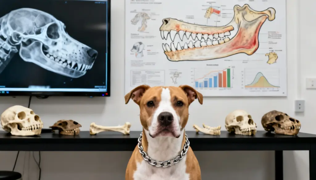 pit bull sitting before canine skull scans and jaw anatomy models in a research lab