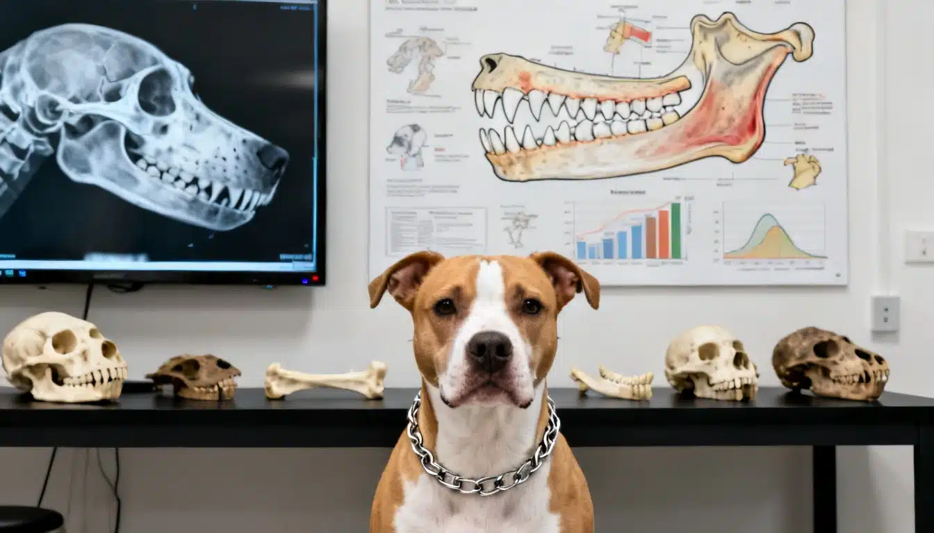 pit bull sitting before canine skull scans and jaw anatomy models in a research lab