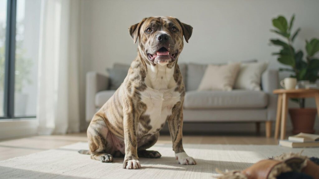pit bull puppy sitting in a bright home environment
