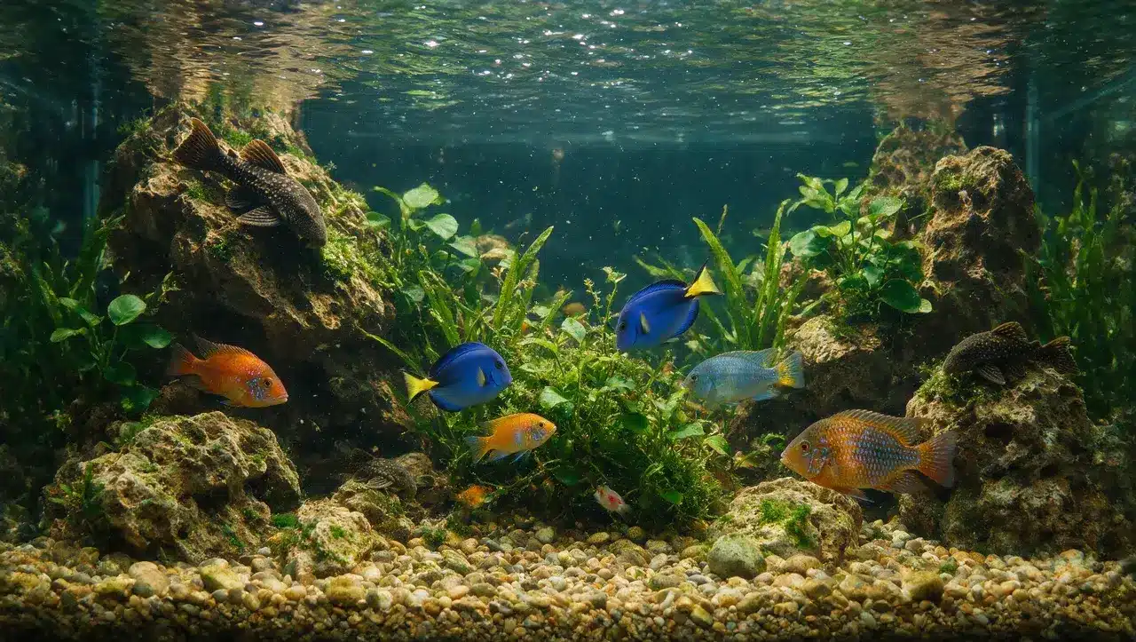 plant eating fish grazing on algae and aquatic plants in an underwater habitat