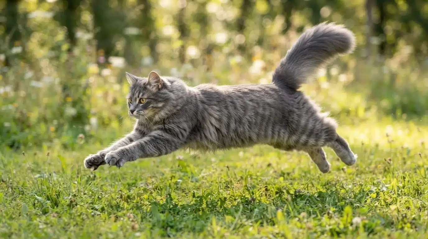 playful cat running across living room during a sudden burst of energy and zoomie behavior