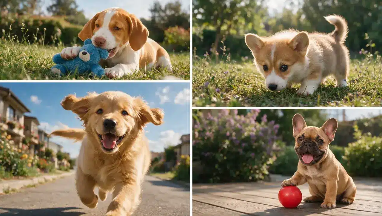 playful male puppies running playing and exploring showing unique puppy personalities