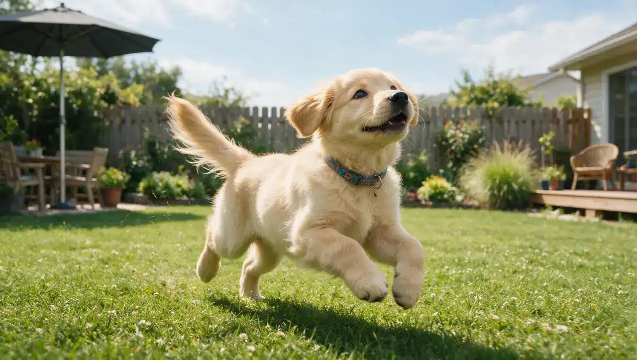 playful male puppy running outdoors showing a happy and curious personality