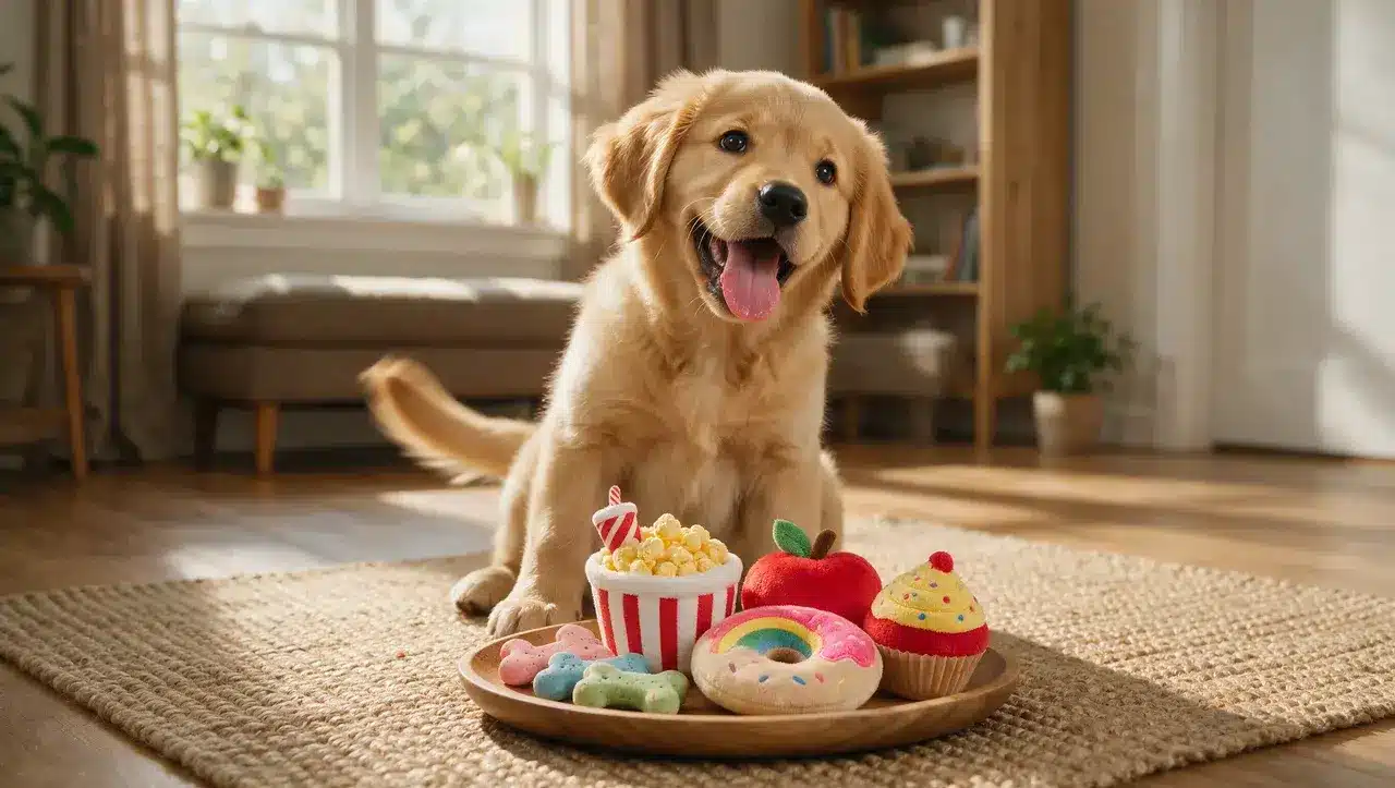 playful male puppy sitting near treats with a curious expression