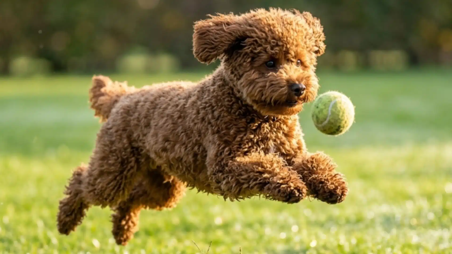 poodle dog with curly brown coat playing outdoors with a ball in a grassy field