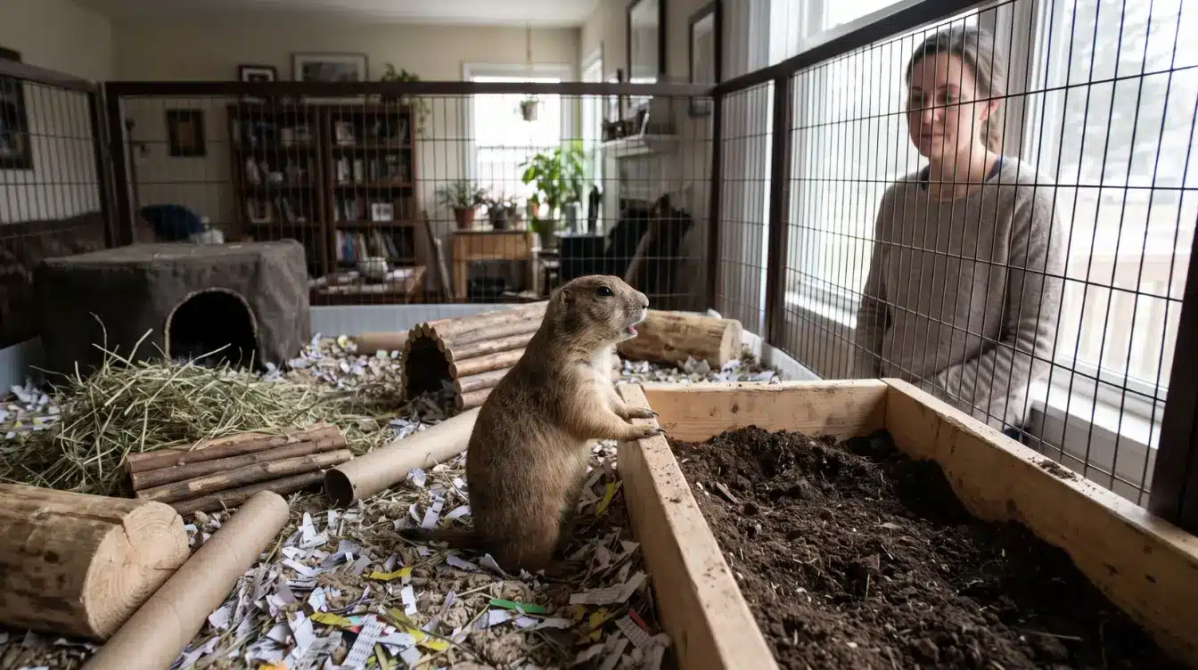 prairie dog pet standing alert in a secure indoor habitat with bedding hay and a digging area