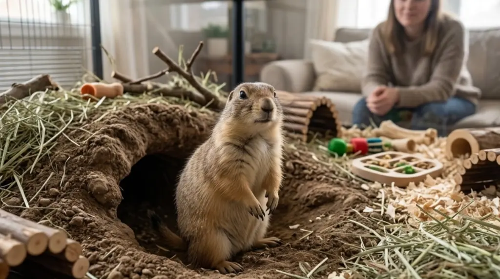 prairie dog sitting in a spacious indoor habitat with tunnels bedding and owner providing daily care