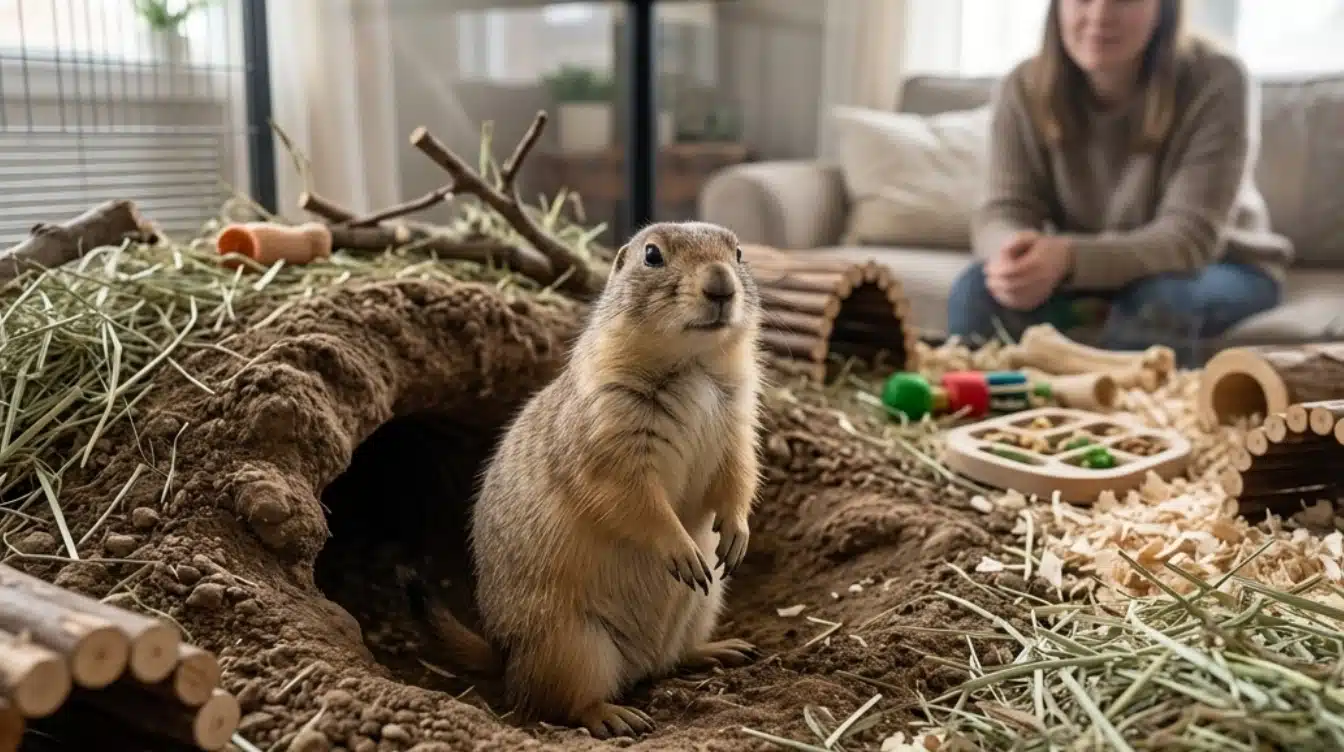 prairie dog sitting in a spacious indoor habitat with tunnels bedding and owner providing daily care