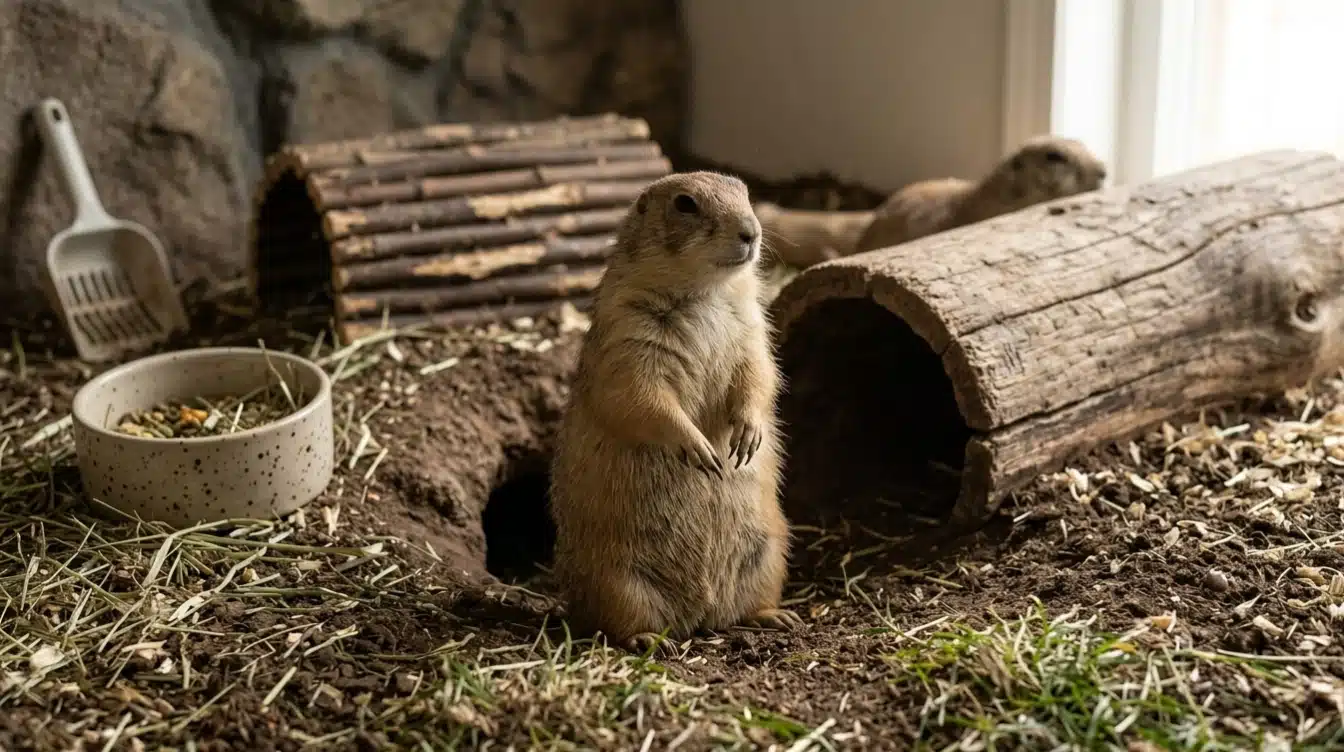 prairie dog standing in a natural indoor enclosure with tunnels soil bedding hay and hiding areas for enrichment