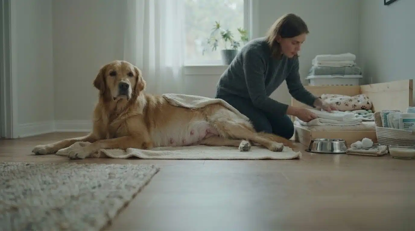 pregnant dog resting with owner preparing whelping area before puppies arrive