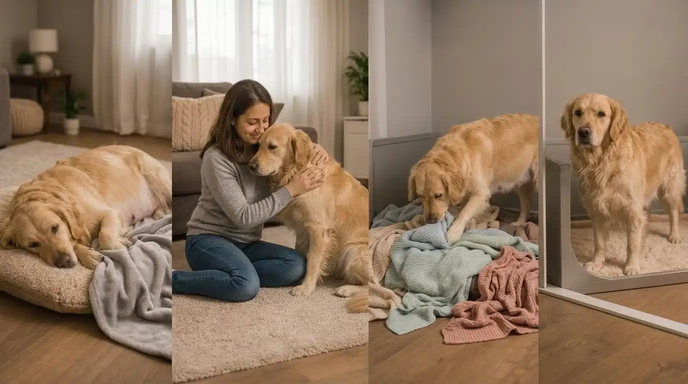 pregnant dog showing rest, affection, nesting, and restlessness in a cozy home setting.