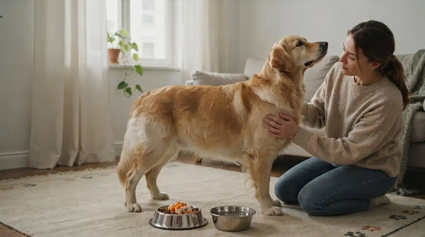 pregnant dog with visible belly during mid pregnancy stage at home
