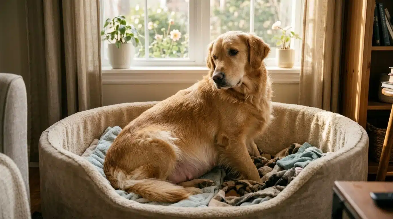 pregnant golden retriever resting in a cozy nesting bed with soft blankets at home indoors