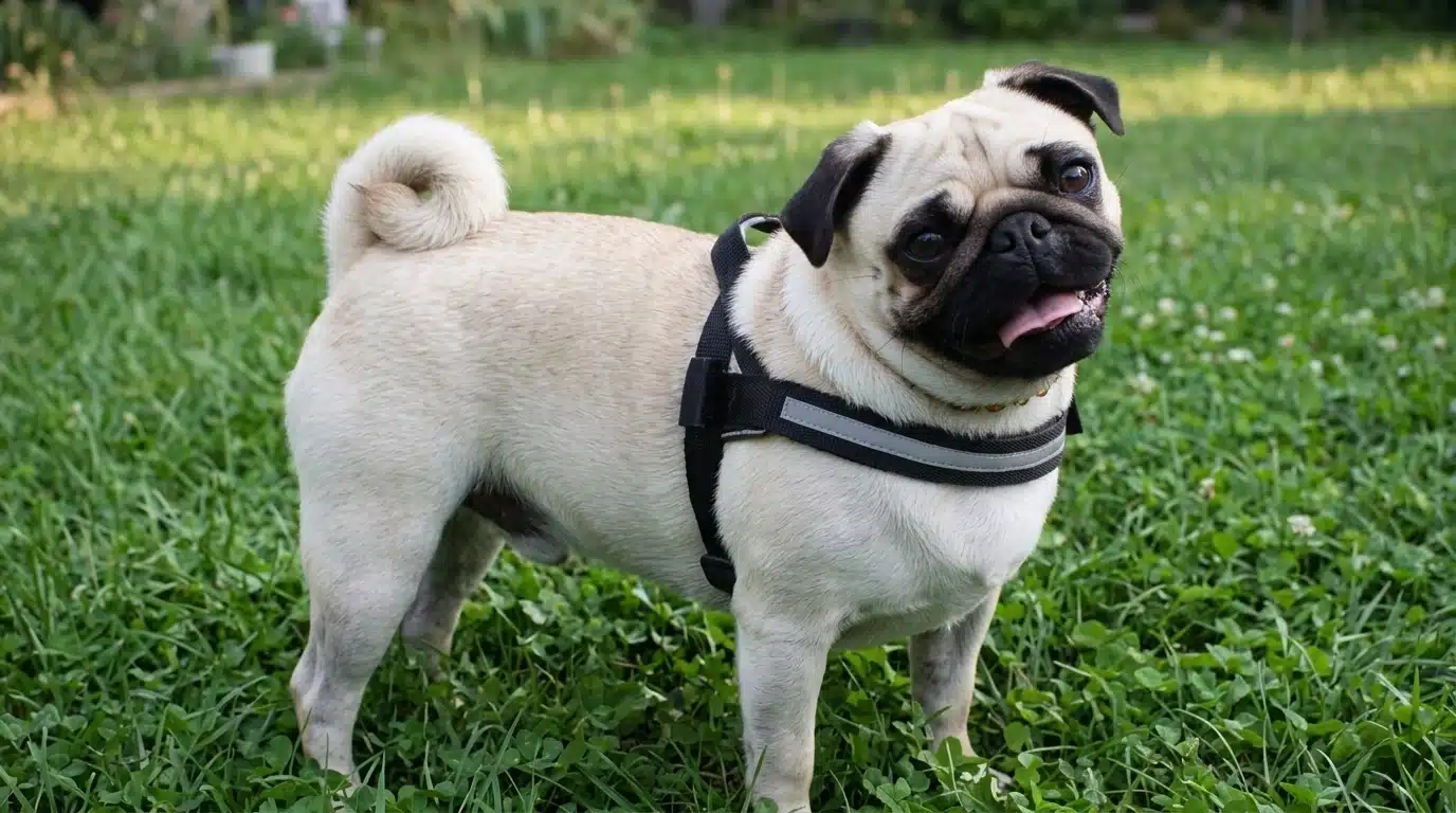 pug dog with wrinkled face and curled tail standing outdoors with a playful friendly expression