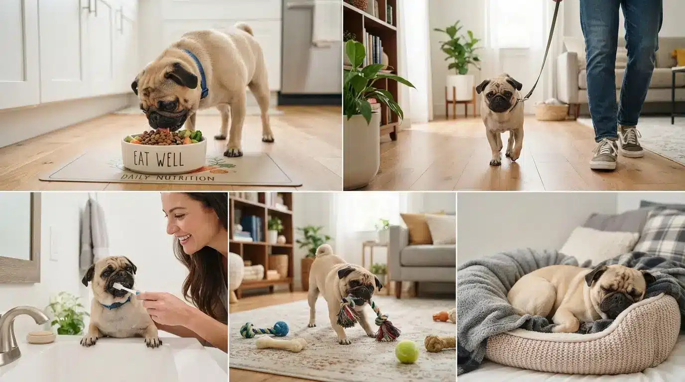pug following healthy daily routine with food exercise dental care and comfort