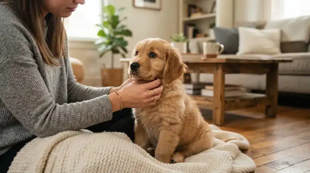 puppy crying while owner provides calm comfort at home
